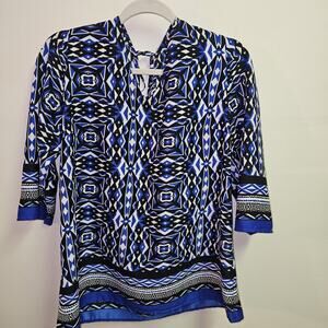 Chicos Blue Black & White Geometric Design Keyhole Back 3/4 Sleeve SZ S/Chicos 0
